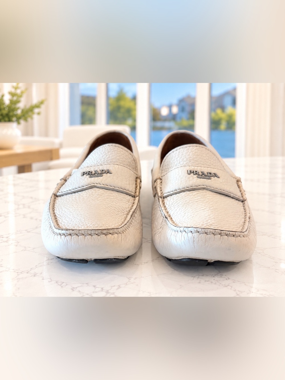 Prada Women's Cream off white Leather Driving Loafers boat shoes - Picture 3 of 11